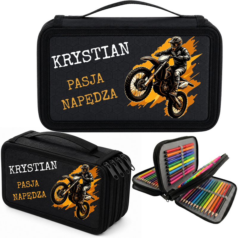Personalizowany piórnik czterokomorowy z imieniem – piórnik dla fana motocrossu