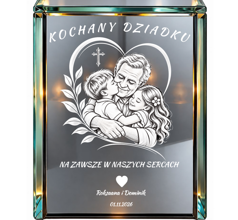 Personalizowany lampion lustrzany 3D LED dla Dziadka z grawerem – Dziadek z wnukami „Na zawsze w naszych sercach”