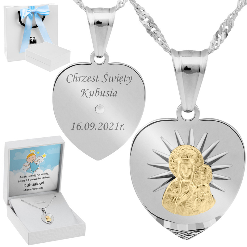 Srebrny medalik Serce Matka Boska Częstochowska Pozłacana pr. 925 Grawer