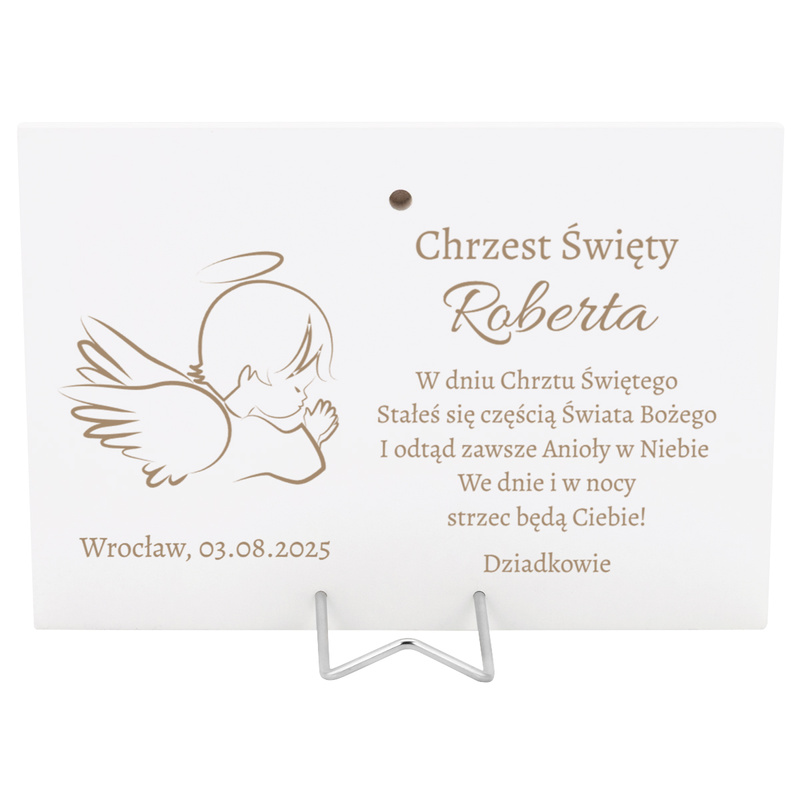 Pamiątka Chrztu Świętego – Posrebrzany Obrazek Aniołka na Białym Panelu z Dedykacją