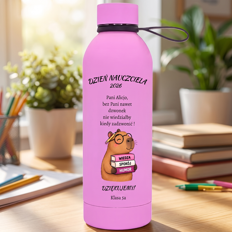 Personalizowana butelka termiczna dla nauczycielki z kapibarą 500 ml – prezent na Dzień Nauczyciela