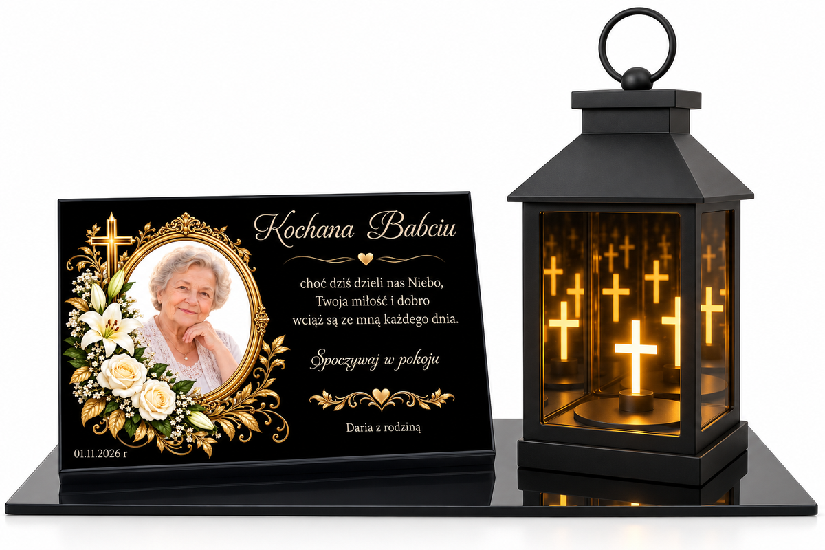 Personalizowany lampion nagrobny z tabliczką i zdjęciem dla Babci – nadruk UV