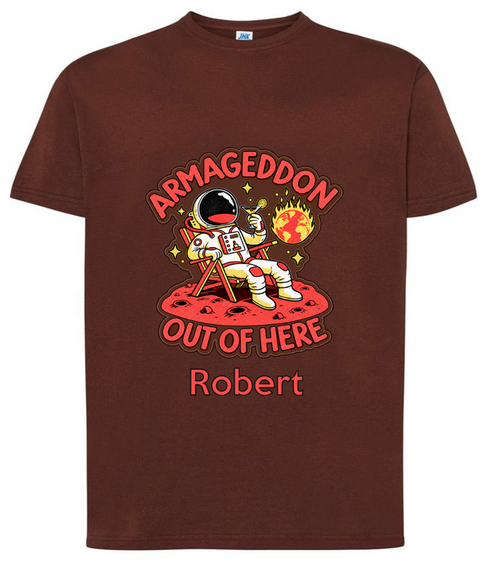 Personalizowana koszulka męska „Armageddon Out of Here” – brązowy T-shirt z własnym imieniem
