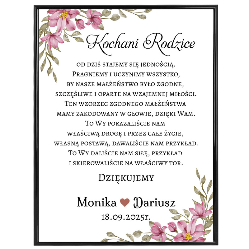 Plakat na ślubne podziękowania dla rodziców – różowe kwiaty