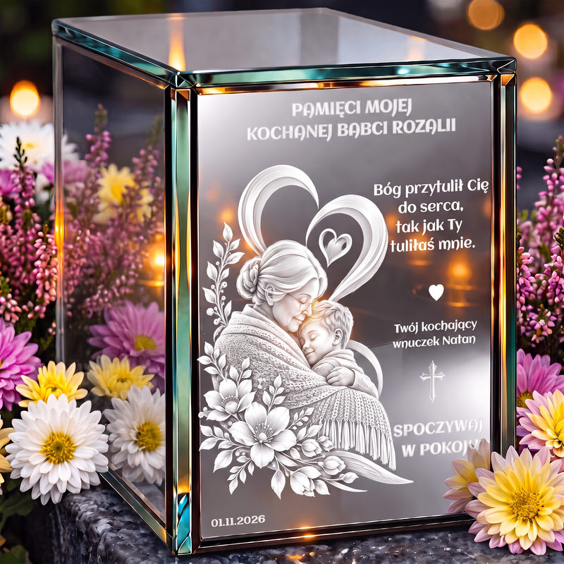 Personalizowany lampion lustrzany 3D LED dla Babci z grawerem – „Pamięci mojej kochanej Babci” od wnuka