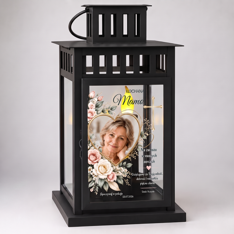 Personalizowany lampion na grób ze zdjęciem + wkład LED Trio – czarny 28 cm