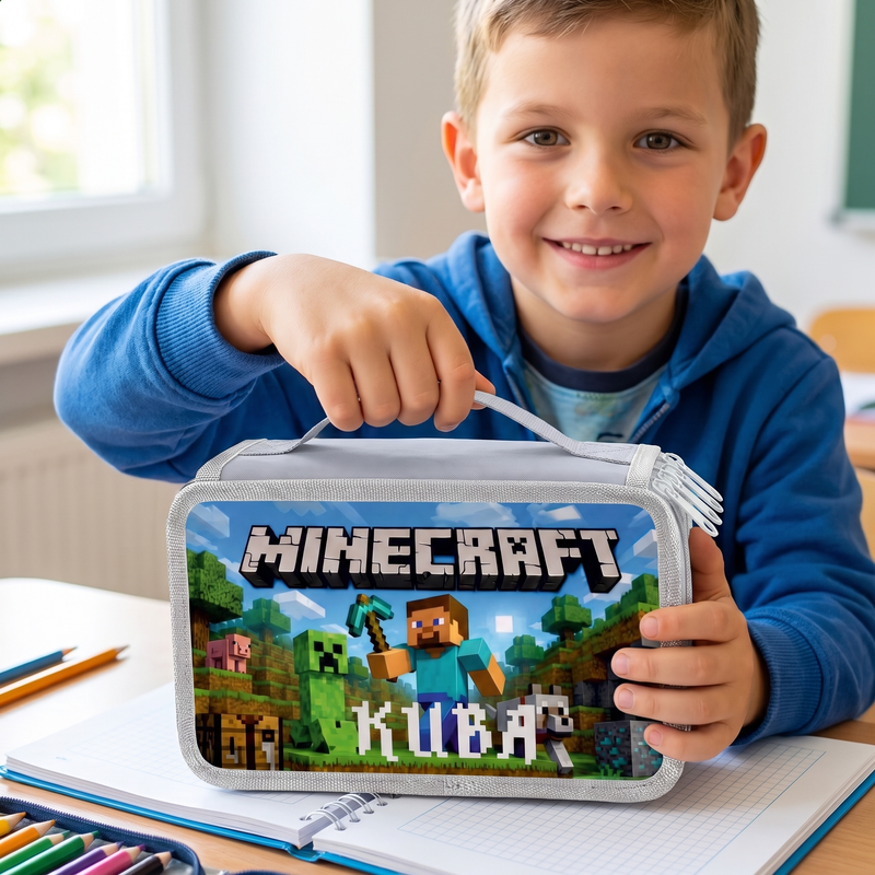 Personalizowany piórnik czterokomorowy z motywem Minecraft i imieniem