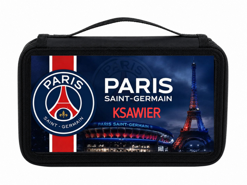 Personalizowany piórnik czterokomorowy Paris Saint-Germain z imieniem – piórnik dla fana piłki nożnej
