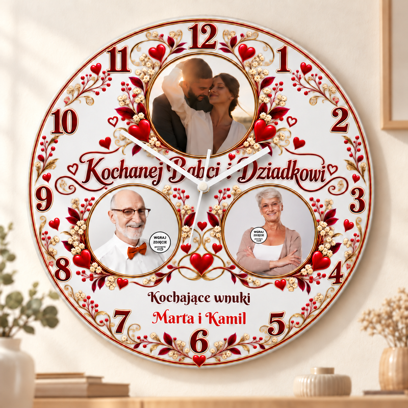 Personalizowany zegar ze zdjęciami dla Babci, Dziadka lub Babci i Dziadka 31cm