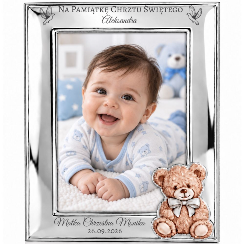 Personalizowana posrebrzana ramka na Chrzest Święty 9 × 13 cm Valenti – pamiątka z imieniem, datą i misiem