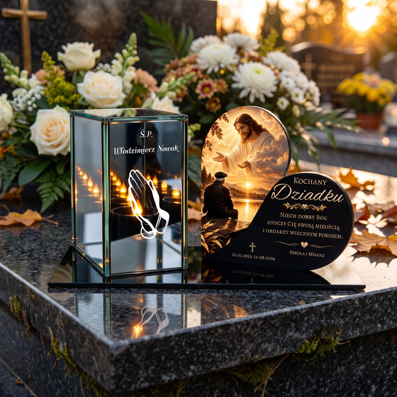 Zestaw nagrobny z personalizowaną tabliczką i świeczką LED
