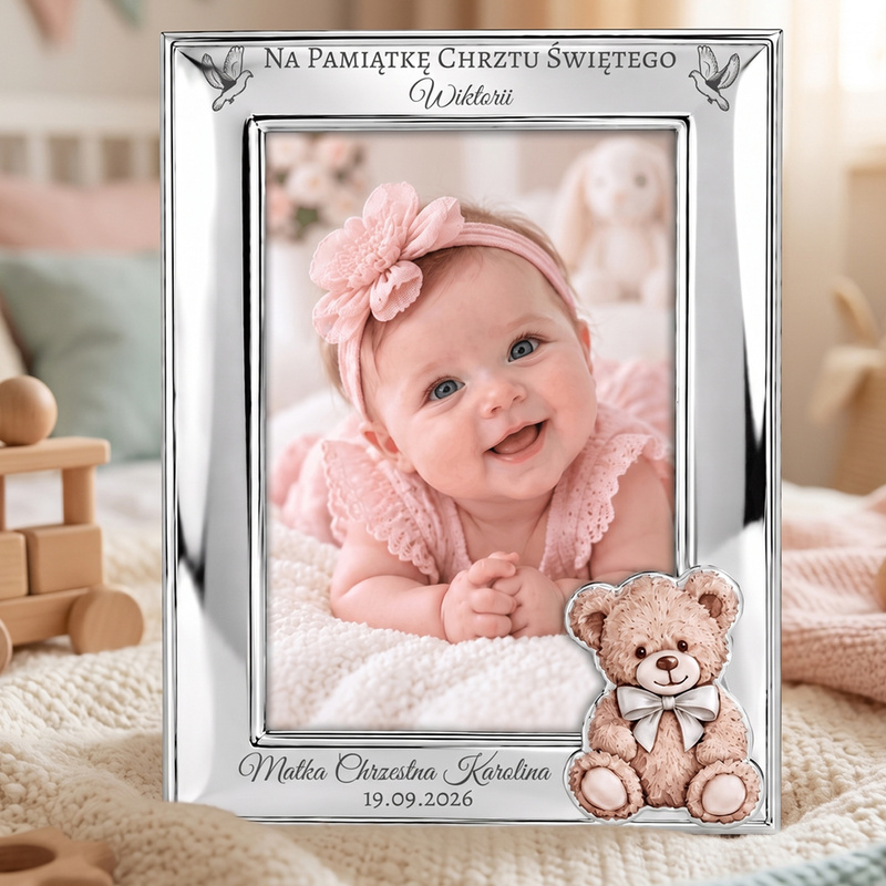 Personalizowana posrebrzana ramka na zdjęcie 9 × 13 cm Valenti – pamiątka Chrztu Świętego z grawerem