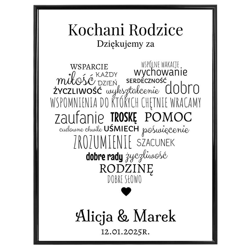 Plakat podziękowanie dla rodziców z sercem i nadrukiem w ramce