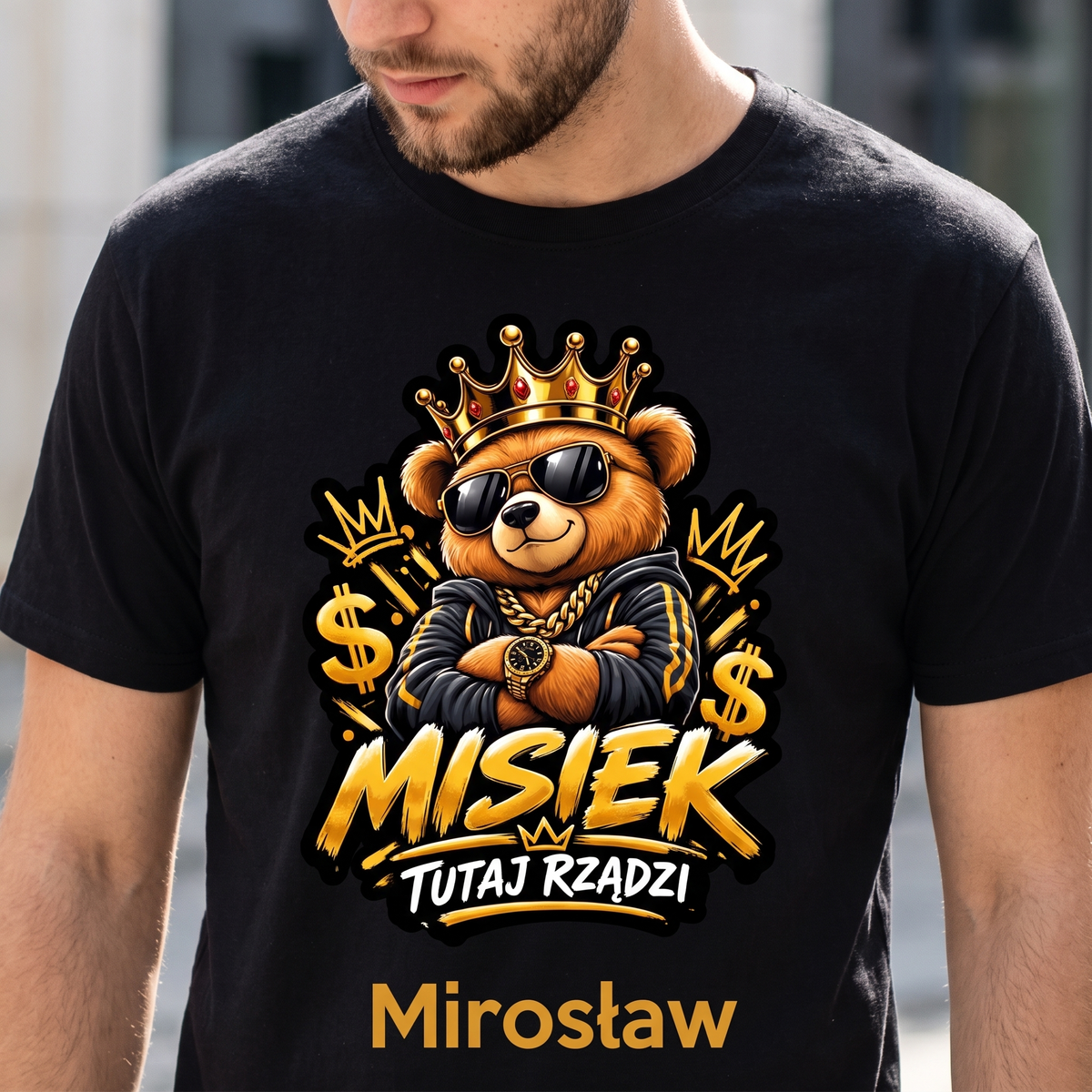 Personalizowana koszulka męska „Misiek tutaj rządzi” – zabawny prezent dla chłopaka, męża i nie tylko