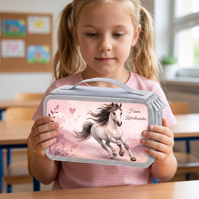 Personalizowany piórnik czterokomorowy z koniem, imieniem i nazwiskiem