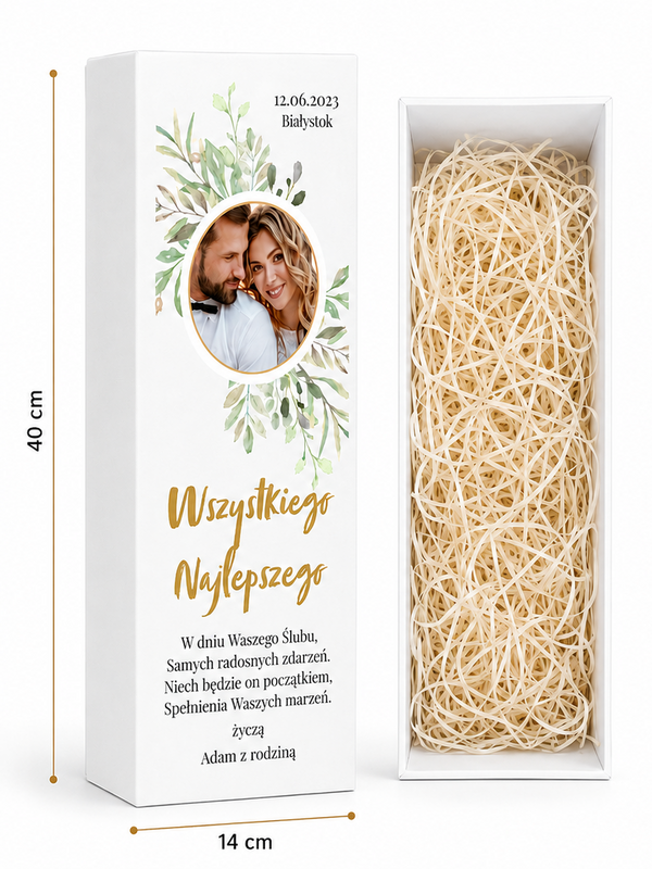 Personalizowane pudełko prezentowe na ślub 40 × 14 cm – własne zdjęcie, data i życzenia