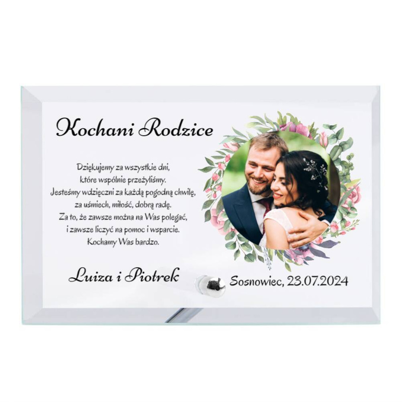 Szklana statuetka z Kolorowym Nadrukiem - Podziękowania dla Rodziców z okazji Ślubu 15.5 cm x 24.5 cm