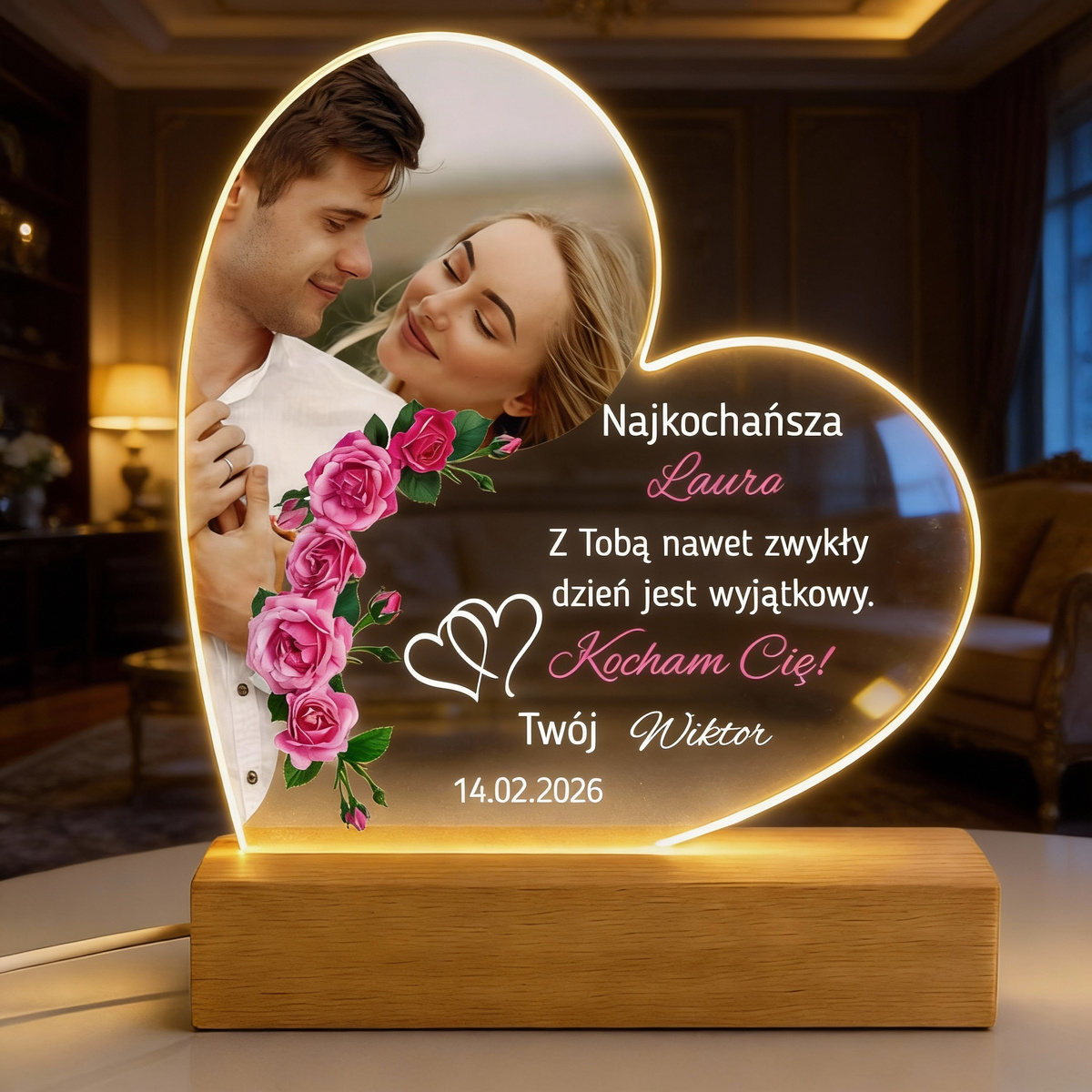 Lampka LED serce z własnym zdjęciem i dedykacją „Najkochańsza”
