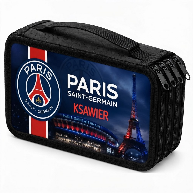 Personalizowany piórnik czterokomorowy Paris Saint-Germain z imieniem – piórnik dla fana piłki nożnej