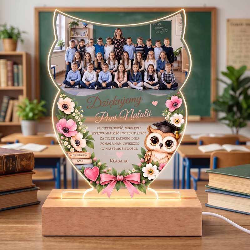 Personalizowana ramka LED Sowa ze zdjęciem klasy – prezent na Dzień Nauczyciela