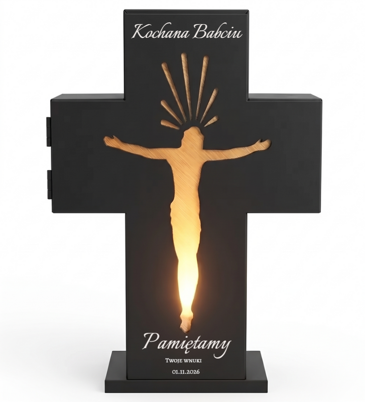 Personalizowany metalowy znicz 3D LED dla Babci – krzyż z grawerem laserowym