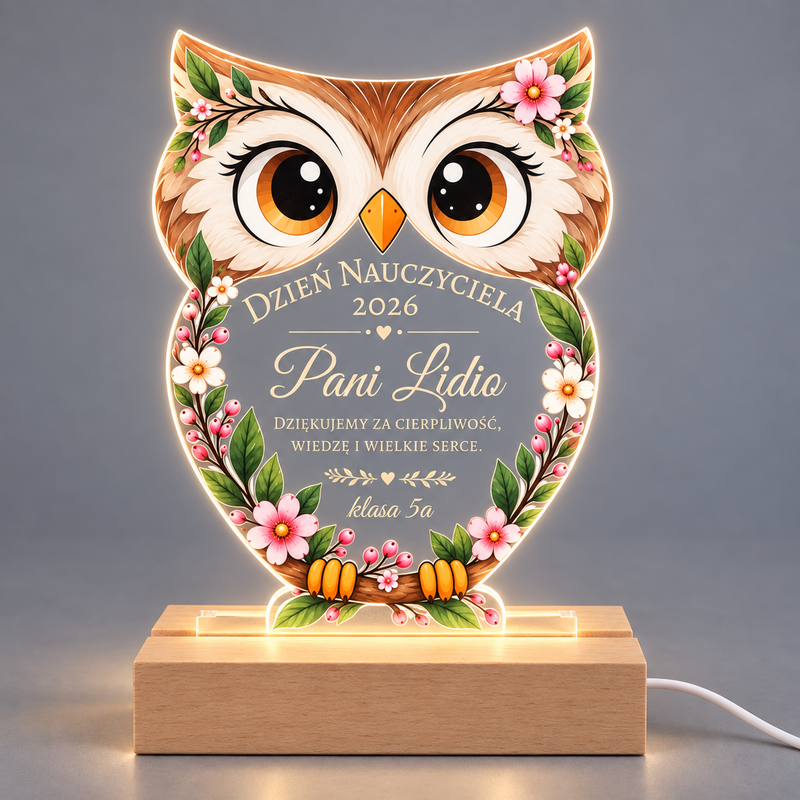 Personalizowana ramka LED Sowa na Dzień Nauczyciela – prezent z imieniem i dedykacją